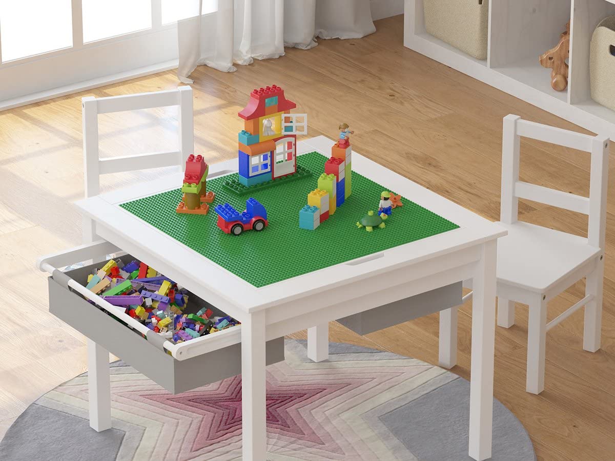 Eco Wood 3-in-1 Kids Lego Activity Table, 2 Chairs, White